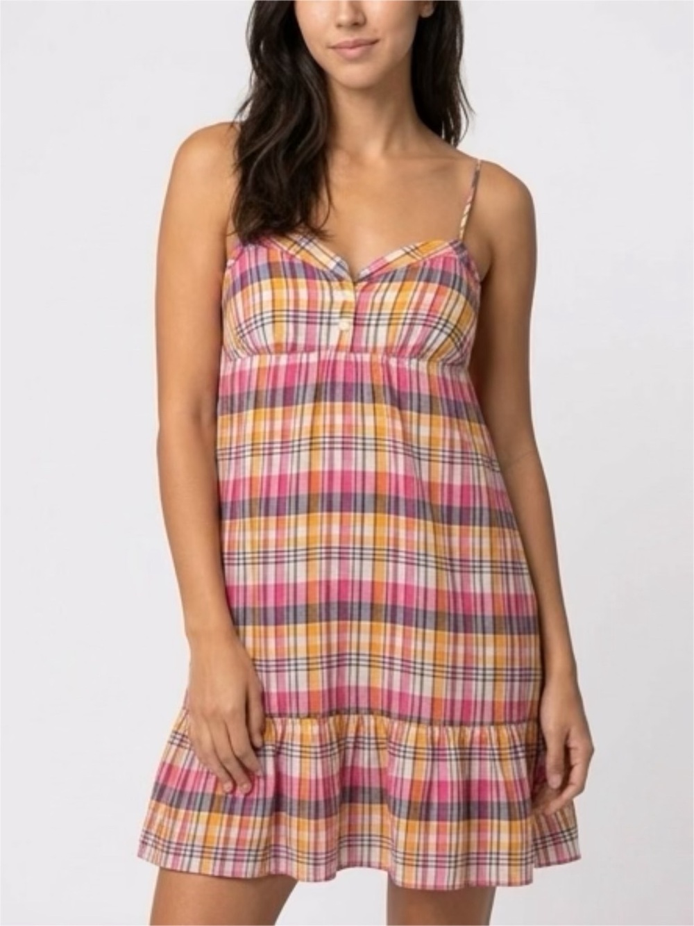 Old Navy Pink and Yellow Plaid Spaghetti-Strap Mini Dress